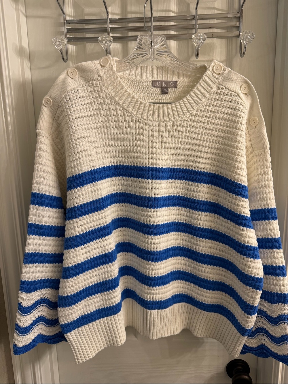 J. Crew White Crewneck Sweater with Blue Stripes and Shoulder Buttons